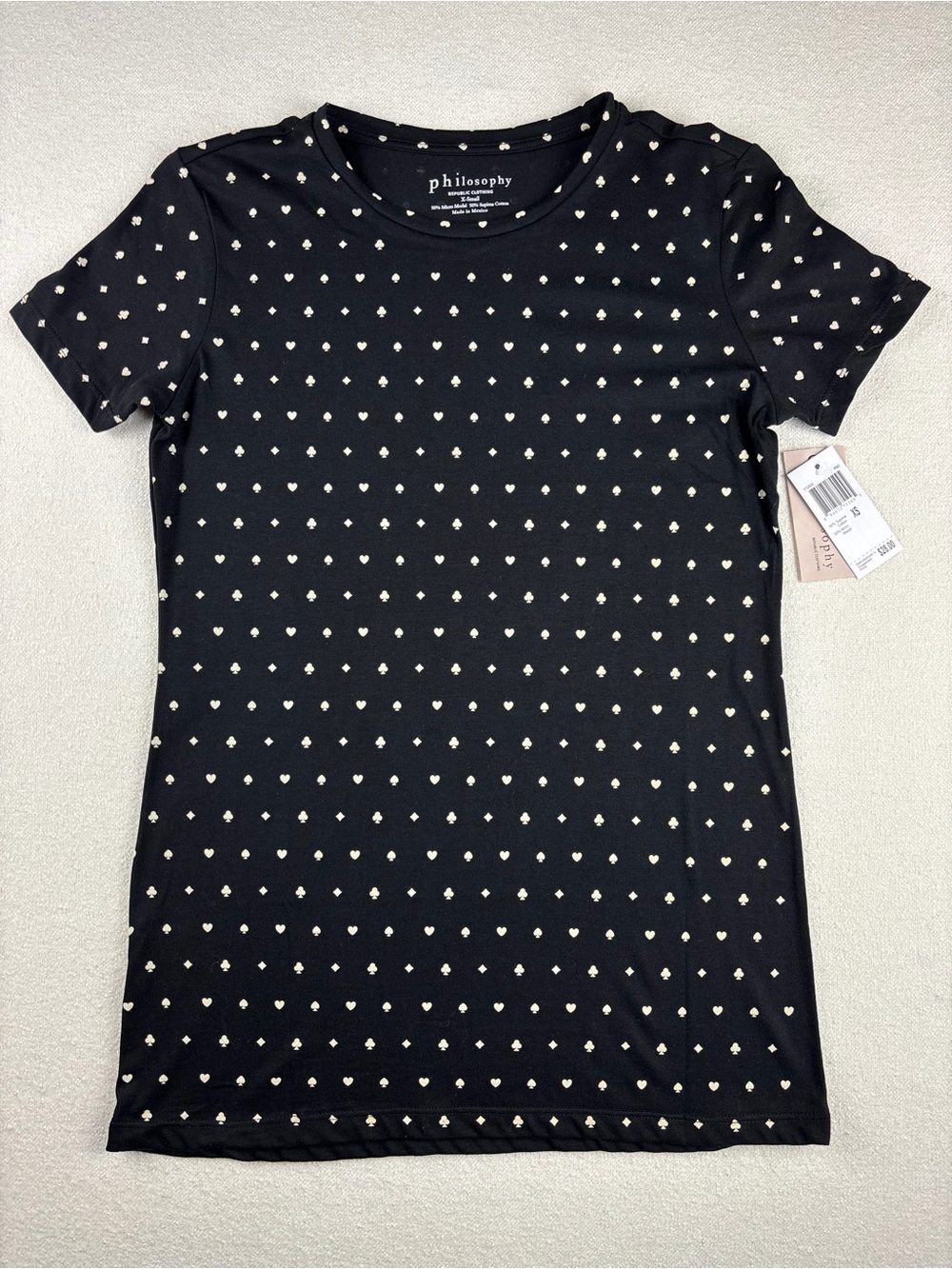 Philosophy Black Short Sleeve Tee with Hearts & Spade Print